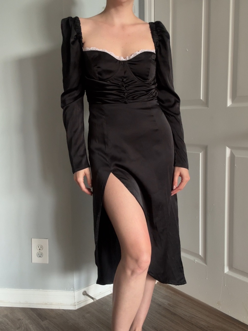 Black satin Long Sleeve Slit Dress